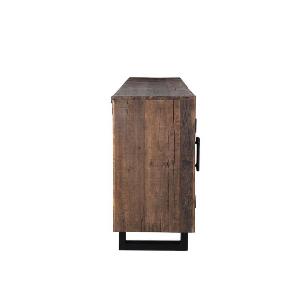 Side view of a dark brown distressed reclaimed wood buffet sideboard.
