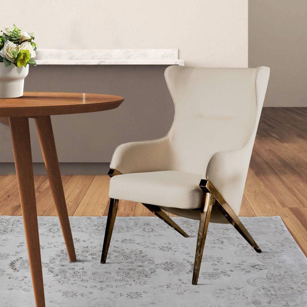 Beige Faux Leather Wingback Accent Chair with Wood Frame