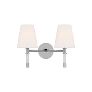 Hanover 15 in. W x 11 in. H 2-Light Polished Nickel Dimmable Mid-Century Rustic Vanity Light with Milk Glass Shades