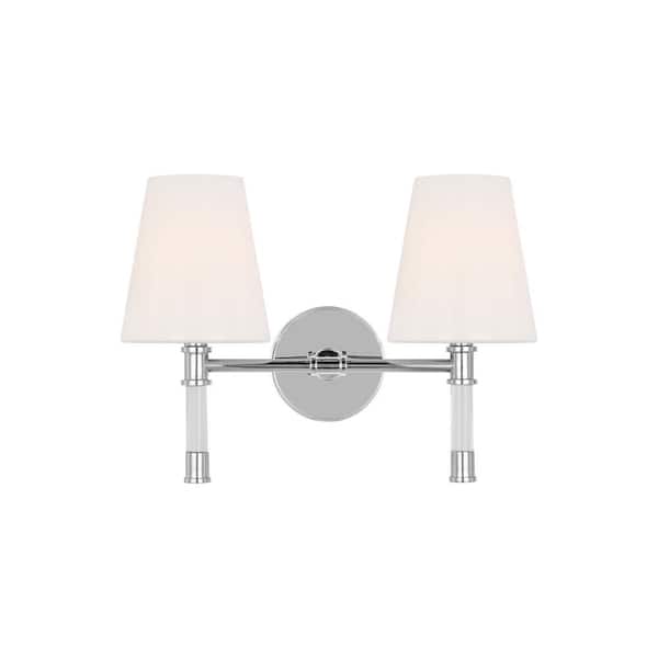 Hanover 15 in. W x 11 in. H 2-Light Polished Nickel Dimmable Mid-Century Rustic Vanity Light with Milk Glass Shades