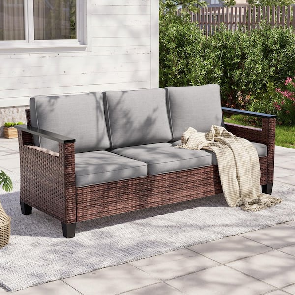 Outdoor 3-Seater Sofa Brown PE Wicker All Weather Patio Sofa with Thick Gray Cushions