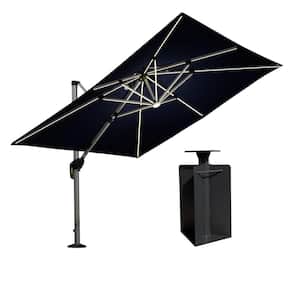 9 ft. Square Aluminum Solar Powered LED Patio Cantilever Offset Umbrella with Base in Ground, Navy Blue
