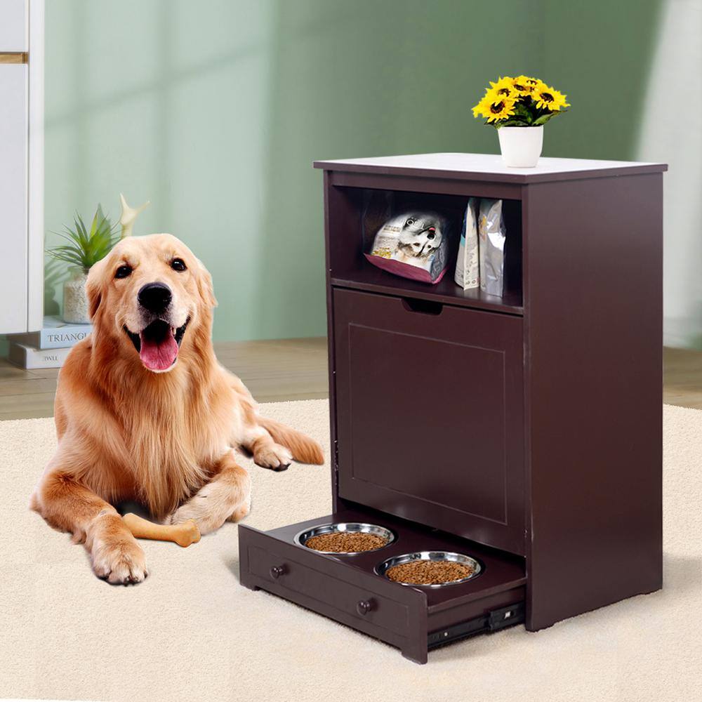 Brown MDF Elevated Dog Feeder Station with Storage