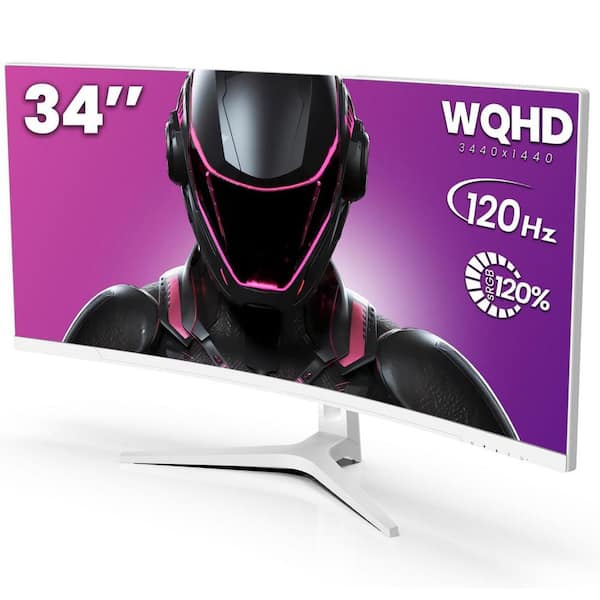 34 Curved WQHD Gaming Monitor 3440x1440 120Hz 1500R VA Screen 120% sRGB AMD FreeSync Wall Mountable White