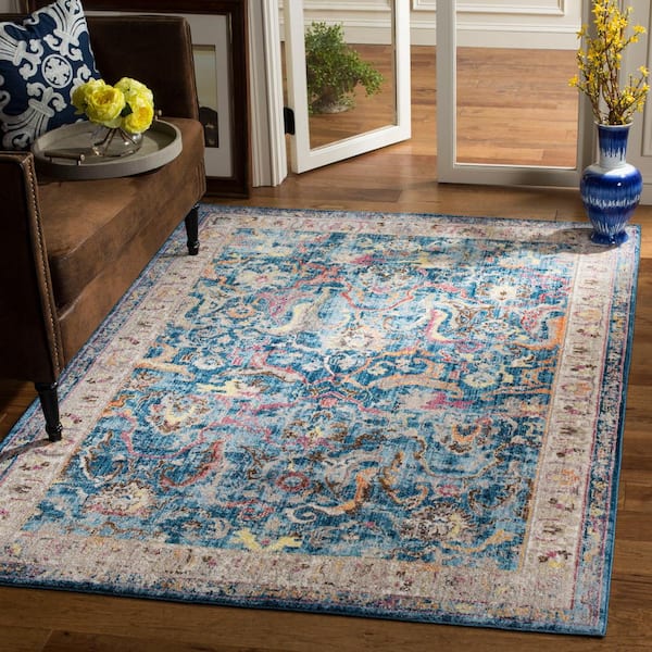 Bristol Blue/Light Gray 7 ft. x 7 ft. Square Distressed Floral Area Rug