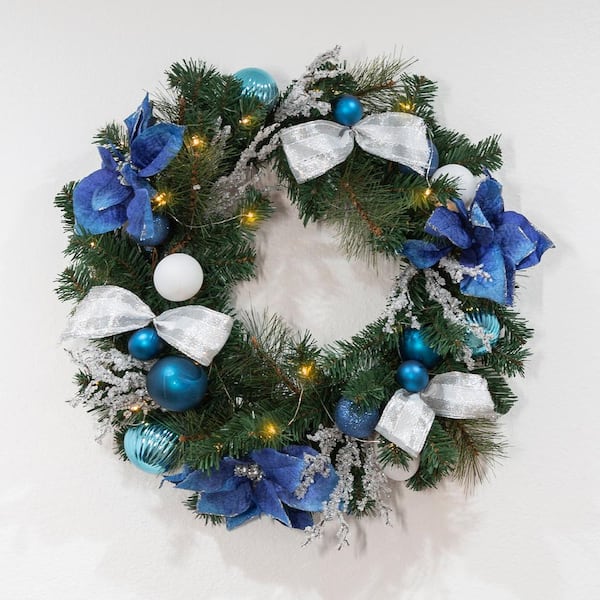 Garland Wreath Silver and Blue Door or Wall Hanging Home Decor Winter Christmas