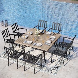 9-Piece Metal Outdoor Dining Set with Brown Square Table and Black Modern Stackable Chairs