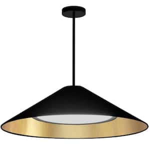 Padme 1-Light Matte Black Shaded Integrated LED Pendant Light with Black/Gold Fabric Shade