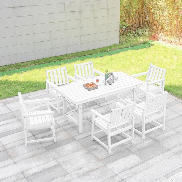 White 7-Piece HDPE Plastic Patio Outdoor Dining Set with 6-Arm Chairs and Rectangular Table