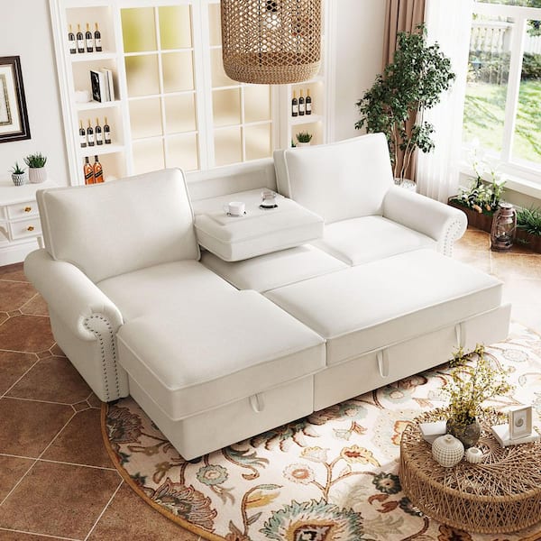 95 in. Rolled Arm Polyester L-Shaped Sofa in Beige with Storage Chaise, 2 Cup Holders and Nail Head Trim
