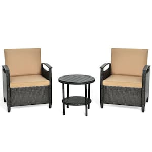 3-Pieces Outdoor Rattan steel Frame Patio Conversation Furniture Set with Brown Cushion