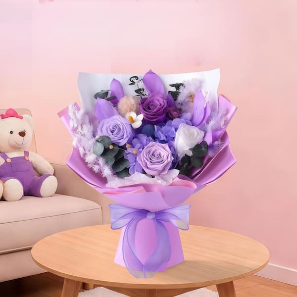 Dracelo 12.59 in. Purple Artificial Preserved Rose Bouquet