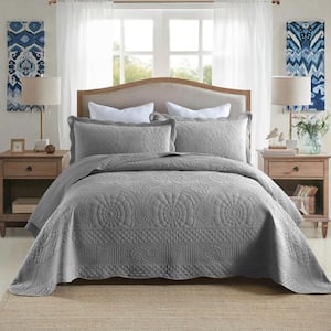 TF87 Light Grey Embroidery King Size Cotton Lightweight Quilt Bedspread Set