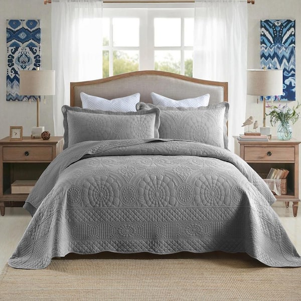MarCielo TF87 Light Grey Embroidery Queen Size Cotton Lightweight Quilt Bedspread Set