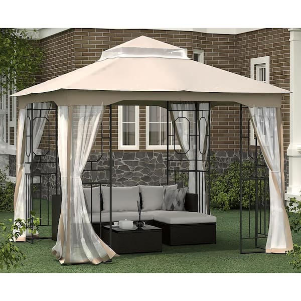 10 ft. x 10 ft. Beige Softtop Metal Gazebo with Mosquito Net and Curtains Double Roof Canopy for Gardens Patio Backyard er 210 The Home Depot