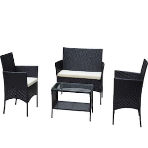 4-Piece Black Wicker Patio Conversation Set with Beige Cushions