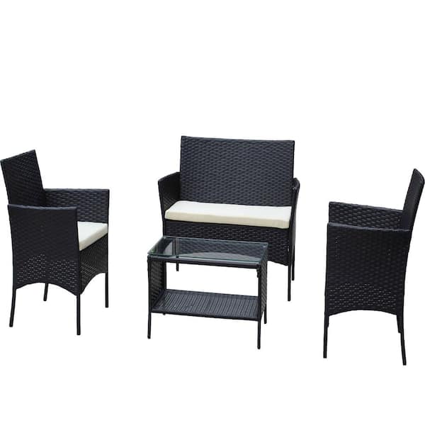maocao hoom 4-Piece Black Wicker Patio Conversation Set with Beige Cushions