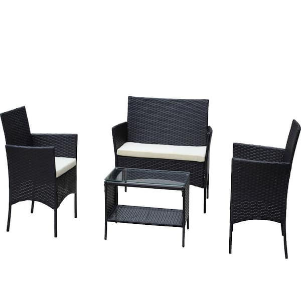 4-Piece Black Wicker Patio Conversation Set with Beige Cushions