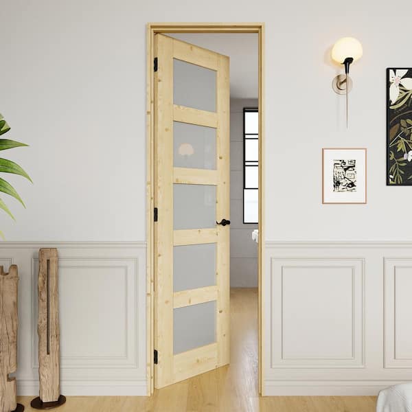 24 in. x 80 in. 5-Lite Frosted Glass Left Unfinished Pine Wood Single Interior Door Kit with Quick Assemble Jamb