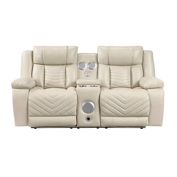 Durant 78 in. W Beige Faux Leather Power Double Reclining 2-Seater Loveseat with Center Console