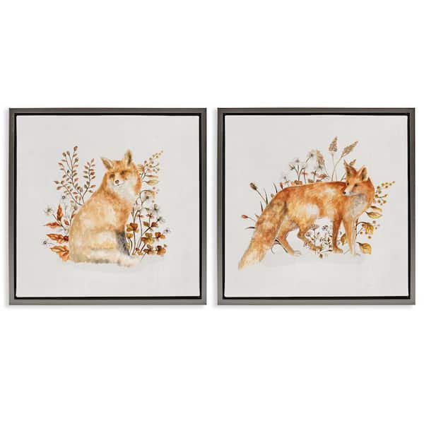Stupell Industries Fluffy Red Fox Autumn Leaves by Janice Gaynor 2 Pieces Gray Floater Frame Animal Graphic Art Print 25 in. x 25 in.
