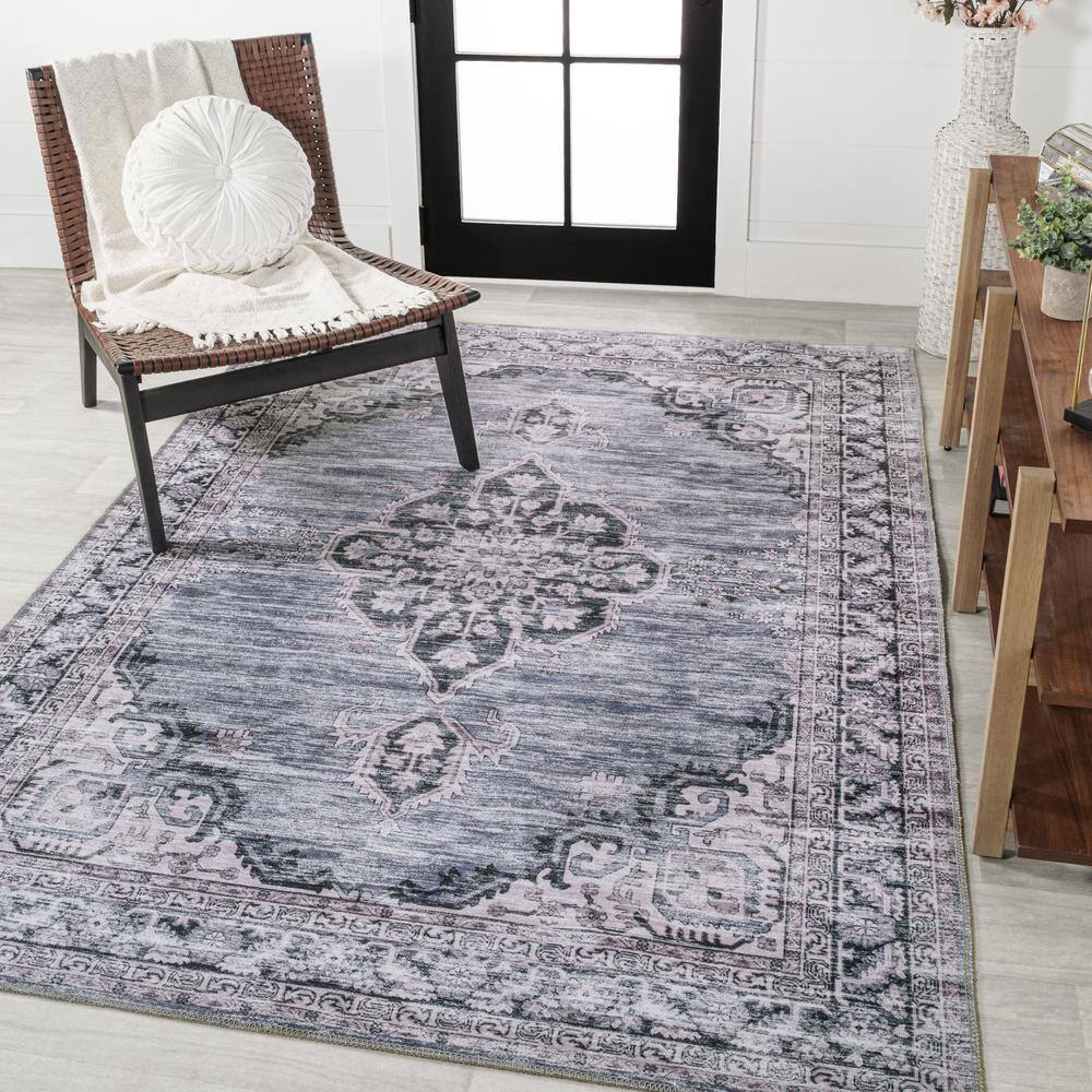 Navy and Gray Chenille Medallion Washable Area Rug