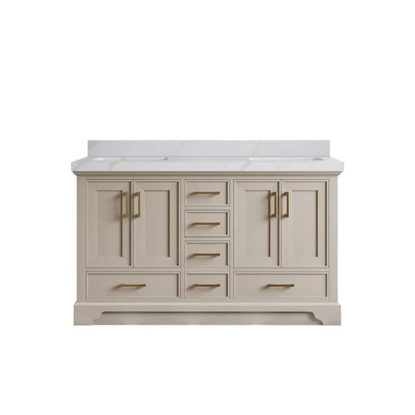 Willow Collections Charlotte 60 in. Double Sink Freestanding Fine Grain Bath Vanity with Calacatta Sienna Qt. Top Unassembled