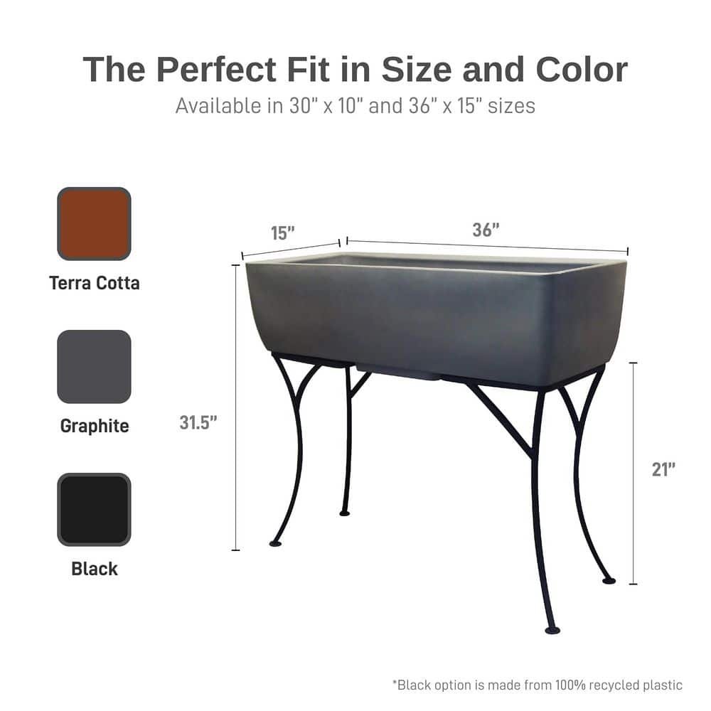 Graphite Polyethylene Rectangular Planter with Wrought Iron Stand