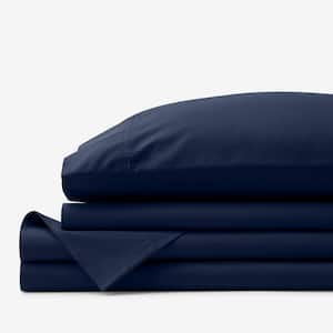 4-Piece Navy Solid 400-Thread Count Supima Cotton Percale Full Sheet Set