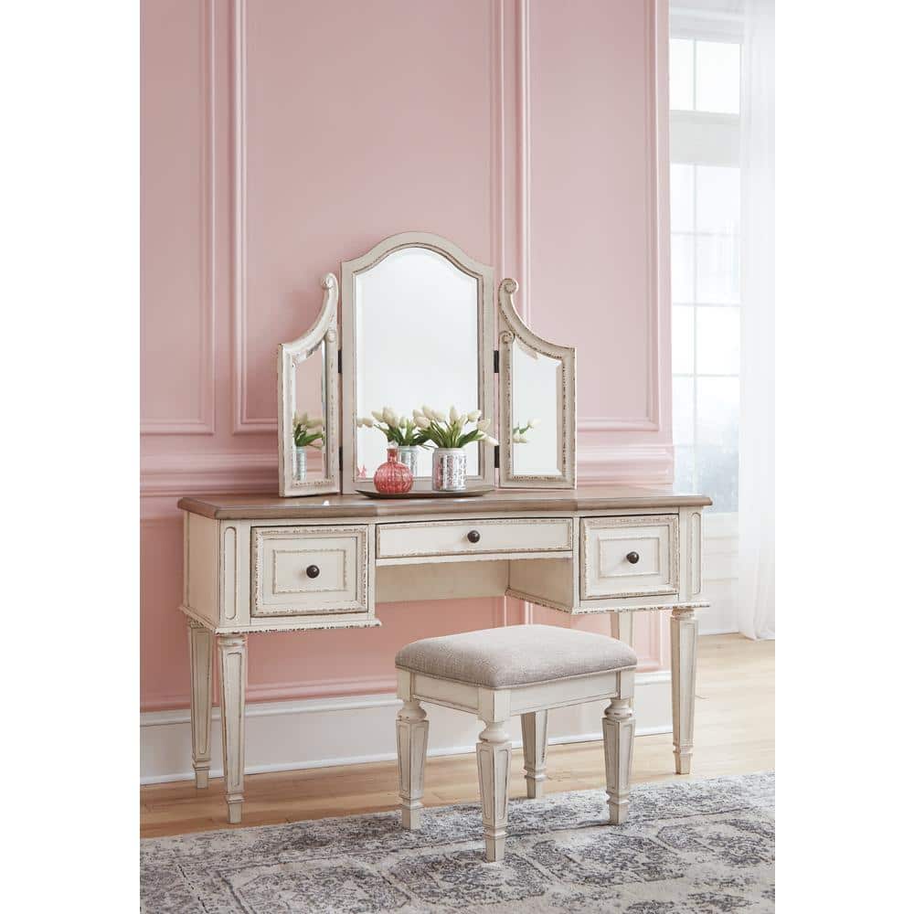 Rustic White 3-Drawer Vanity Set with Bench and Mirror