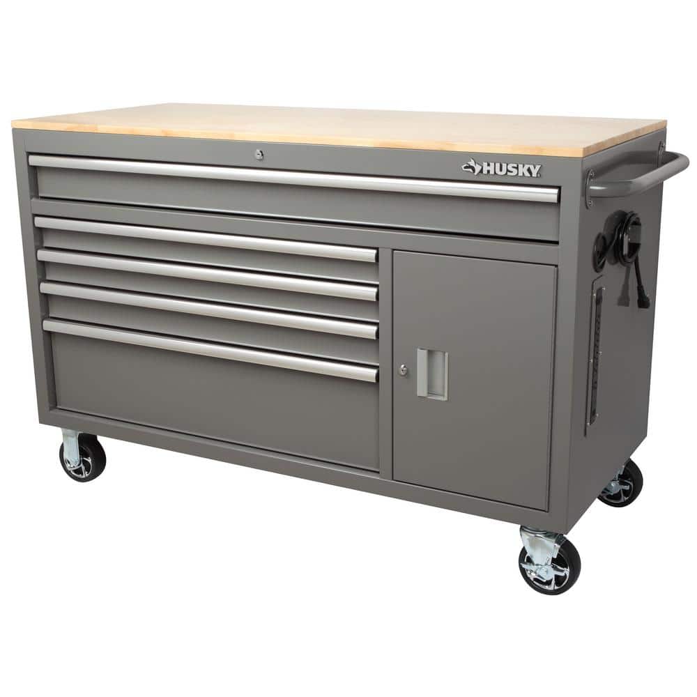 Husky 56 in. W x 24.5 in D Standard Duty 5-Drawer 1-Door Mobile Workbench Tool Chest with Solid Wood Top in Gloss Gray, Gloss Gray with Silver Trim -  H56MWC5GGXD
