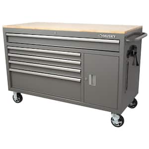 56 in. W x 24.5 in D Standard Duty 5-Drawer 1-Door Mobile Workbench Tool Chest with Solid Wood Top in Gloss Gray