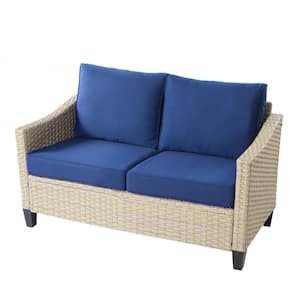 Camelia D Beige 6-Piece Wicker Patio Rectangular Fire Pit Seating Set with Navy Blue Cushions and Swivel Rocking Chairs