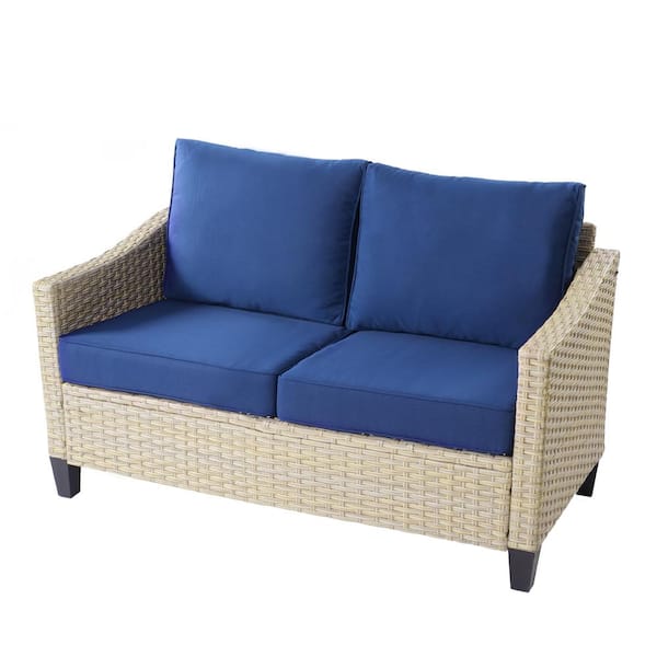 weaxty W Camelia D Beige 6-Piece Wicker Patio Rectangular Fire Pit Seating Set with Navy Blue Cushions and Swivel Rocking Chairs