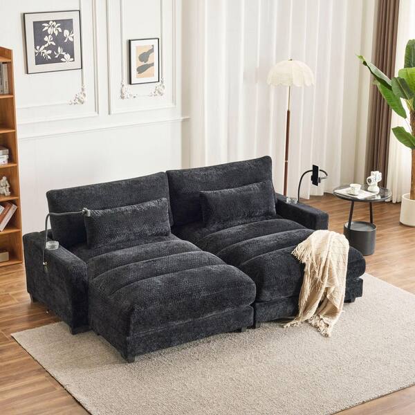 90.5 in. W Chenille 2-Seats Loveseat with Cup Holder 8 U58 Port in Black
