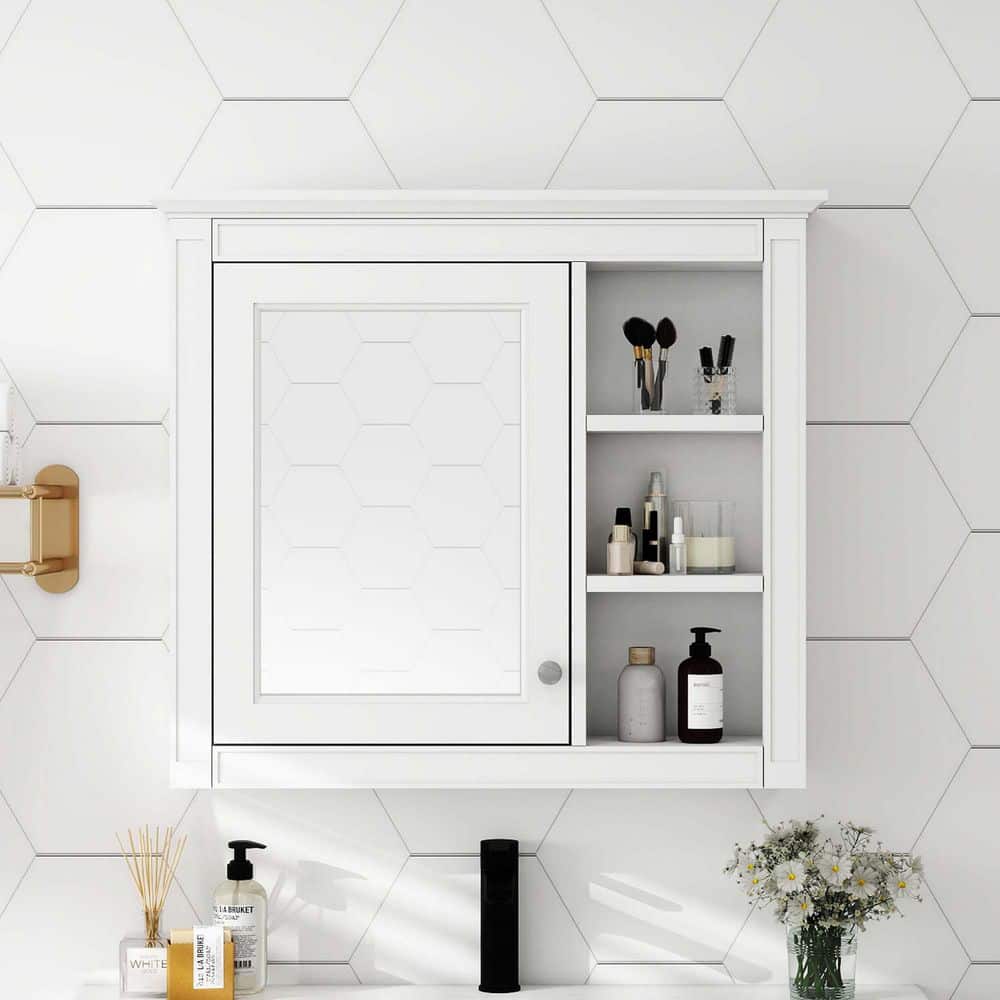 30 in. W x 28 in. H Rectangular MDF Medicine Cabinet with Mirror in White, Wall Mounted Bathroom Storage Cabinet price history on PriceWatchPro