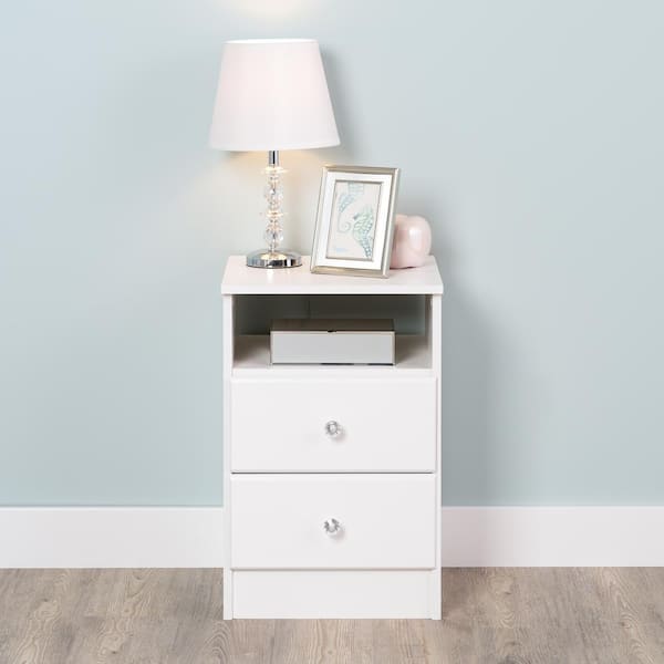 Prepac Astrid Crystal White 2-Drawer 16 in. W Nightstand Side Table with Open Shelf, Night Stand Bedside Table w/ Acrylic Knobs