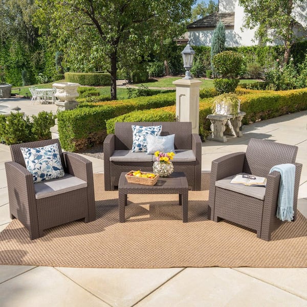 Noble House 4-Piece Faux Wicker Patio Conversation Set with Mixed Beige Cushions