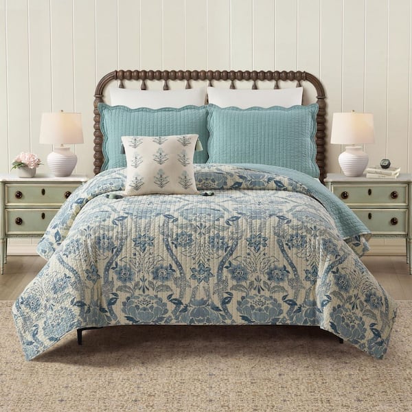 Mystic Moss 3-Piece Blue/Green Damask Cotton King Quilt Set