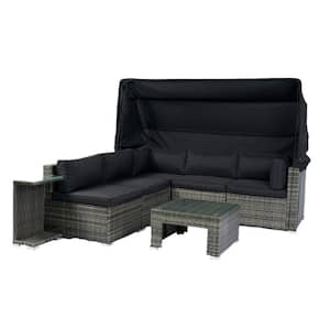 Gray 7-Piece Wicker Outdoor Sectional Set with Black Cushions and Retractable Canopy for Lawn, Garden, Backyard