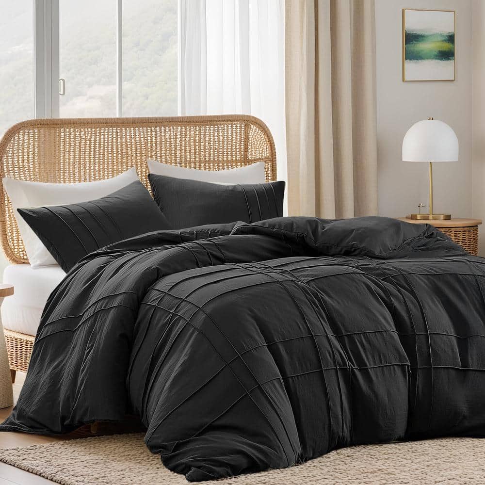3 Pieces King Size Duvet Cover Set Black Pleated Bedding Set with Pillow Shams price history on PriceWatchPro