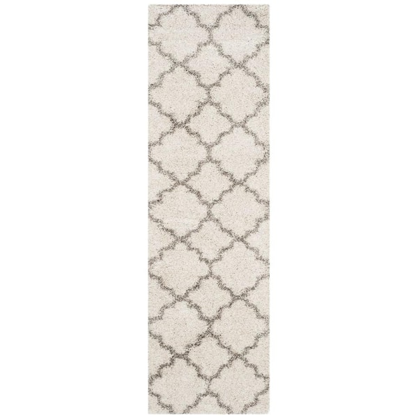 SAFAVIEH Hudson Shag Ivory/Gray 2 ft. x 10 ft. Geometric Quatrefoil Runner Rug