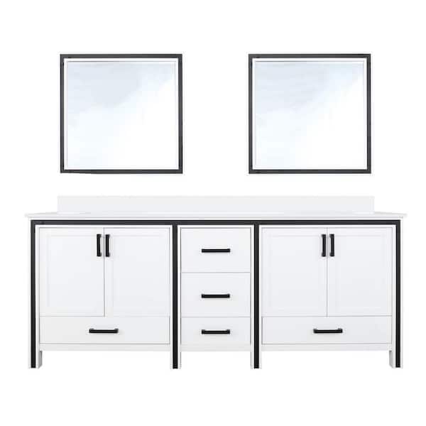 Ziva 80 in W x 22 in D White Double Bath Vanity, White Quartz Top and 30 in Mirrors