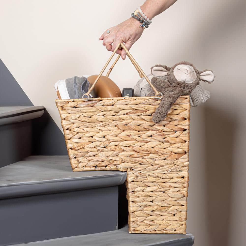 Natural Water Hyacinth Handwoven Wicker Stair Basket with Handles