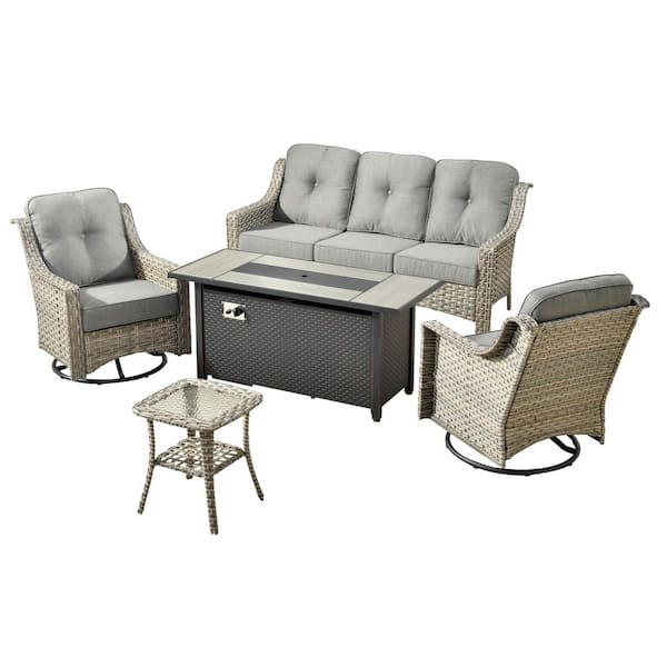 Eureka 5-Piece Wicker Patio Conversation Sofa Seating Set with Metal Fire Pit Table and Dark Gray Cushions