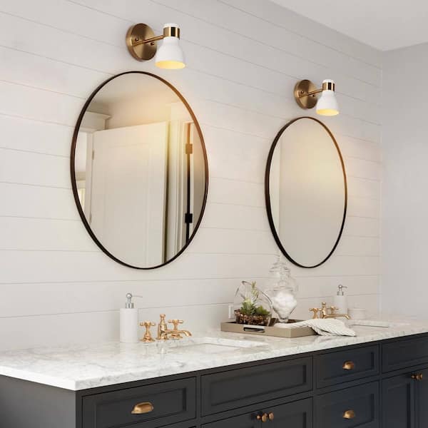 Adjustable 4.7 in. 1-Light Modern Minimalist Brass Gold Wall Sconce, White Wall Lamp with Metal Bell Shade for Bedroom