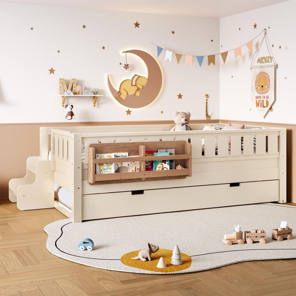 Caolan Beige Wood Frame Twin Size Platform Bed with Small Staircase and Trundle price history on PriceWatchPro