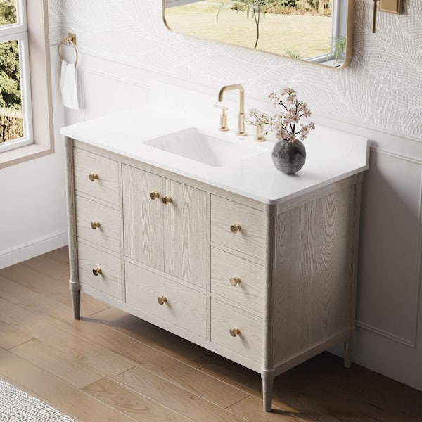ETHAN 48 in. W x 22 in. D x 35 in. H Freestanding Solid Wood Bath Vanity in OAK with Quartz Top
