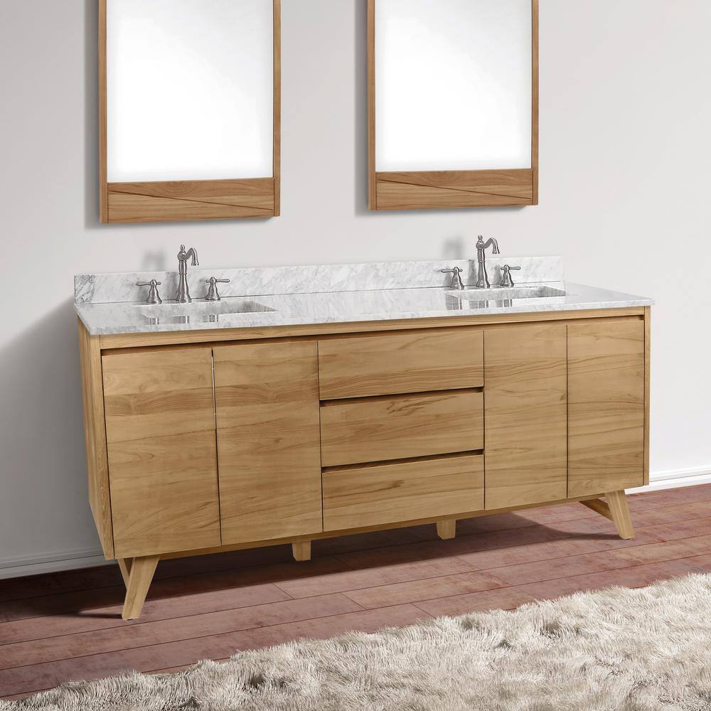Natural Teak Double Bathroom Vanity with Marble Top
