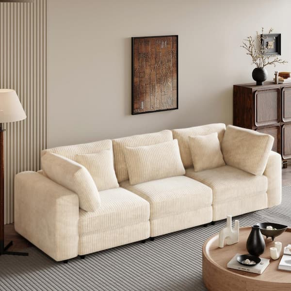 J&E Home 105.3 in. W Square Arm Corduroy Polyester Rectangle Sofa with Removable Cushions and 5 Pillows for Apartment in. Beige